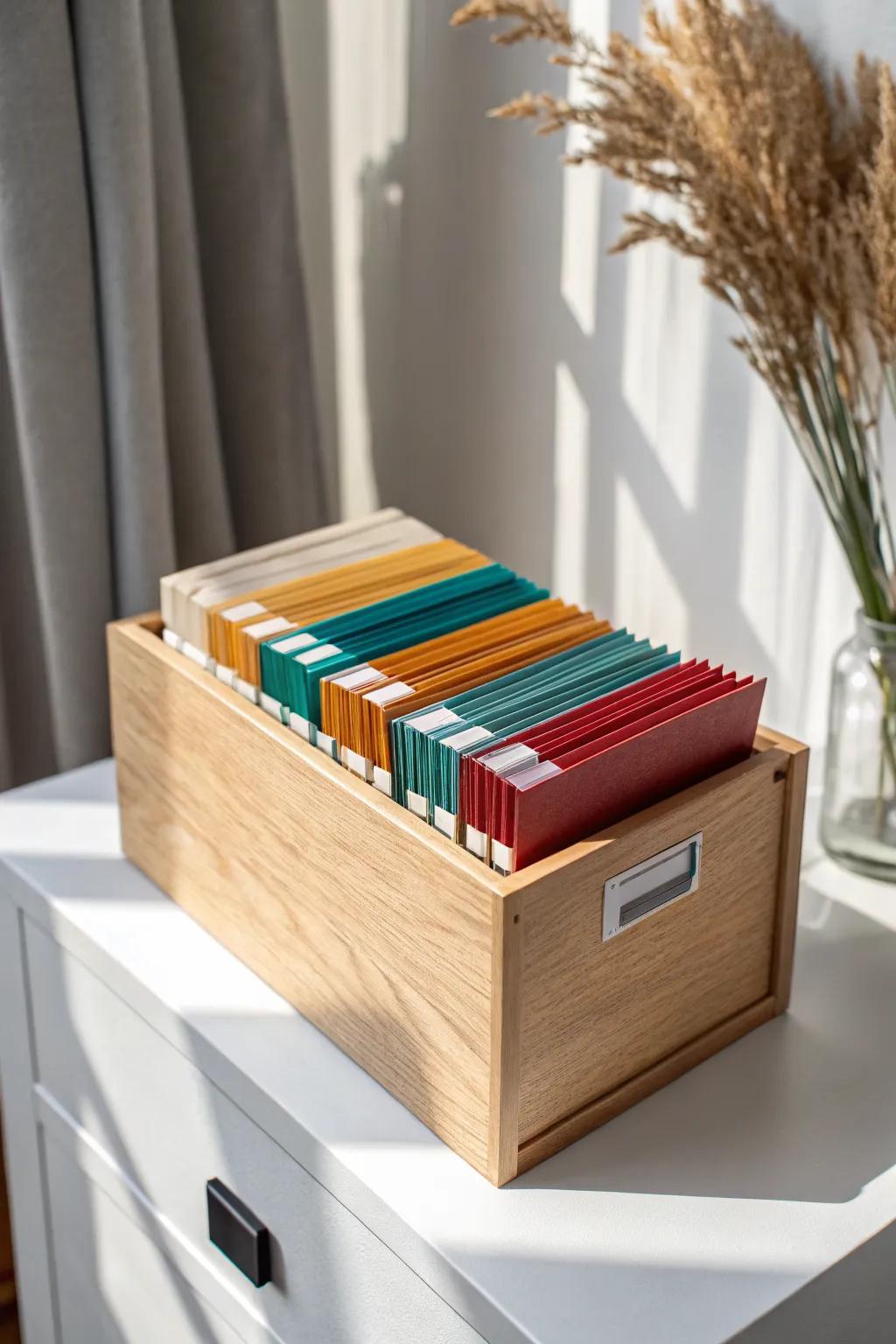 Color-coded folders in a slim wooden file box—easy filing and quick finds for small spaces.