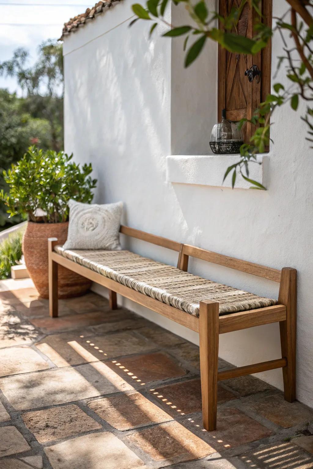 Swap extra chairs for one sleek bench—more seating, less clutter, and a calmer patio.