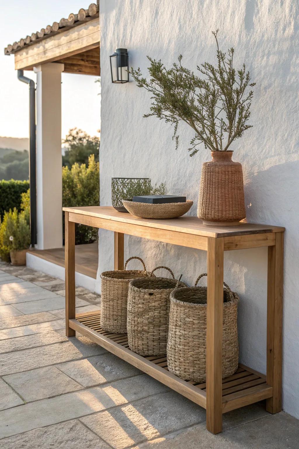 A slim patio console with woven baskets hides essentials while keeping your outdoor nook chic.