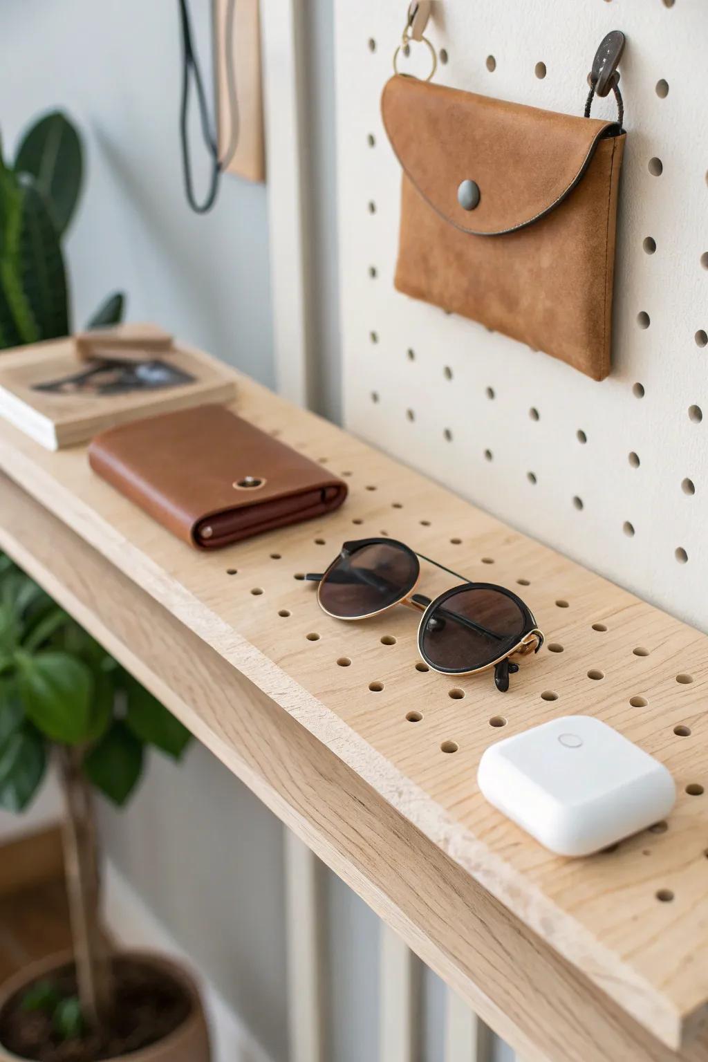 A tiny pegboard shelf that keeps wallet, sunnies, and earbuds ready to grab and go.