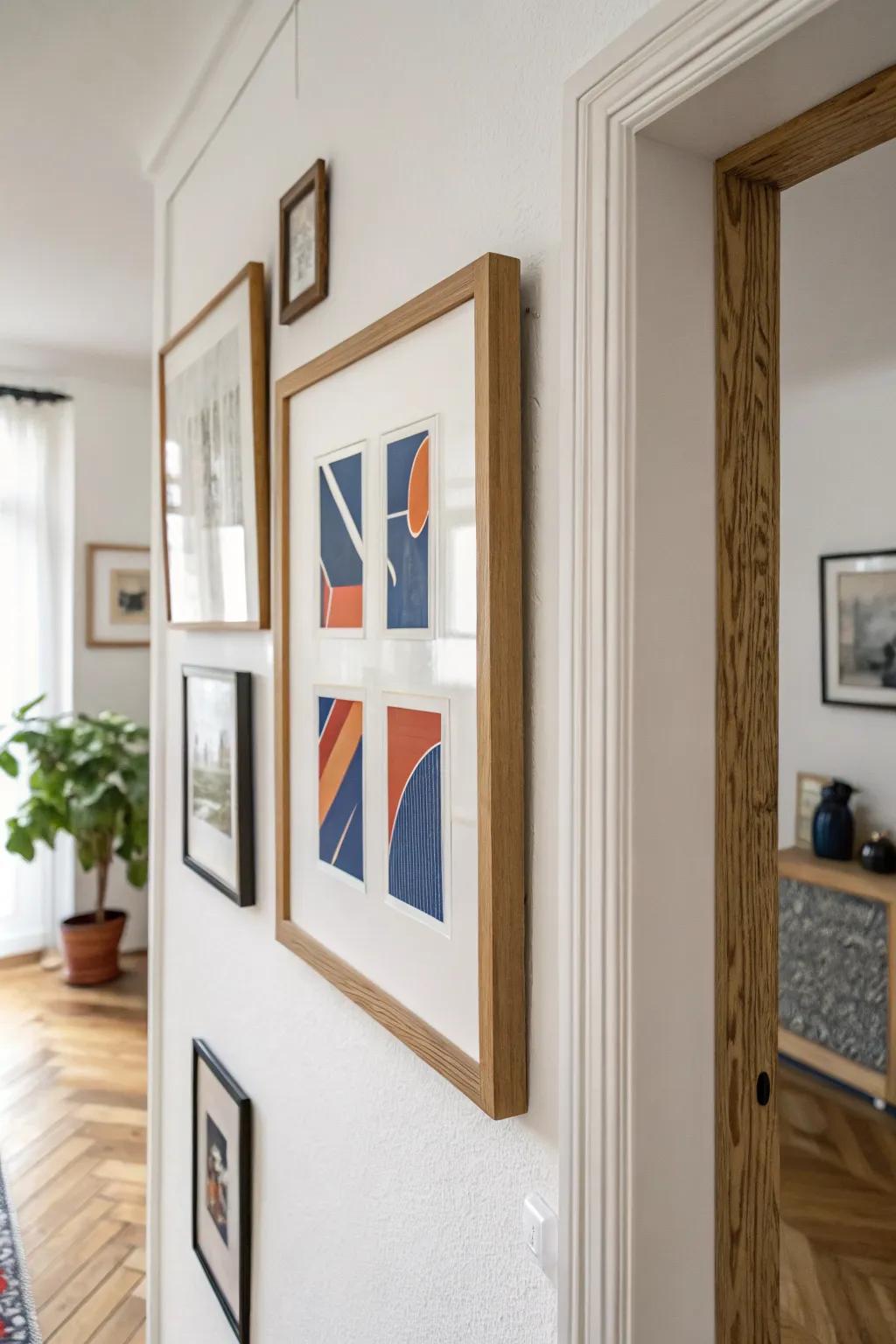 Build a balanced asymmetrical gallery wall by anchoring with one bold, oversized frame.