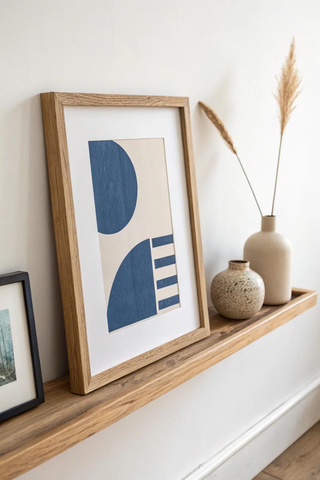 A calm picture ledge look: warm neutrals + one bold cobalt print to keep it simple and striking.