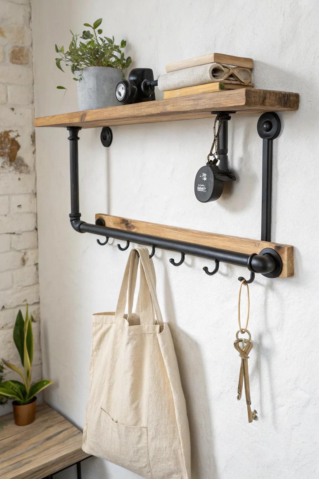 Matte-black pipe shelf + hook rail: a chic entryway landing zone for bags, keys, and jackets.