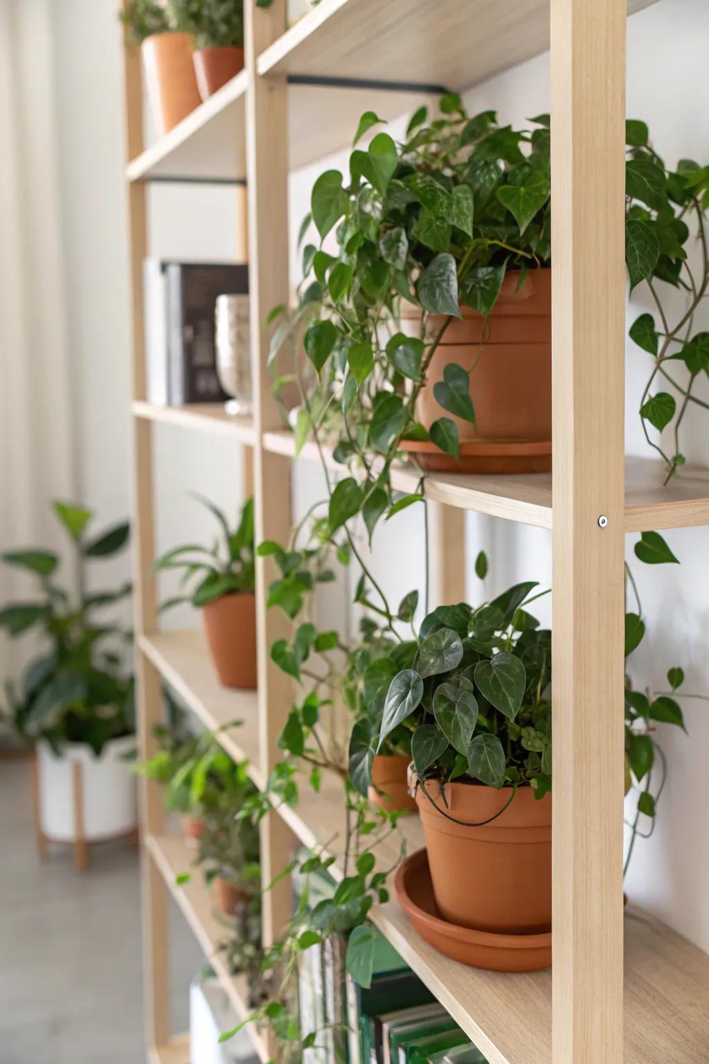 Turn one bookcase shelf into a mini plant library—matching pots make it feel styled, not cluttered.