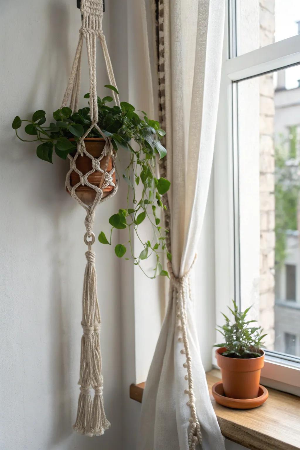 One macramé hanger, one matching pot—clean, calm plant wall decor with bold contrast.