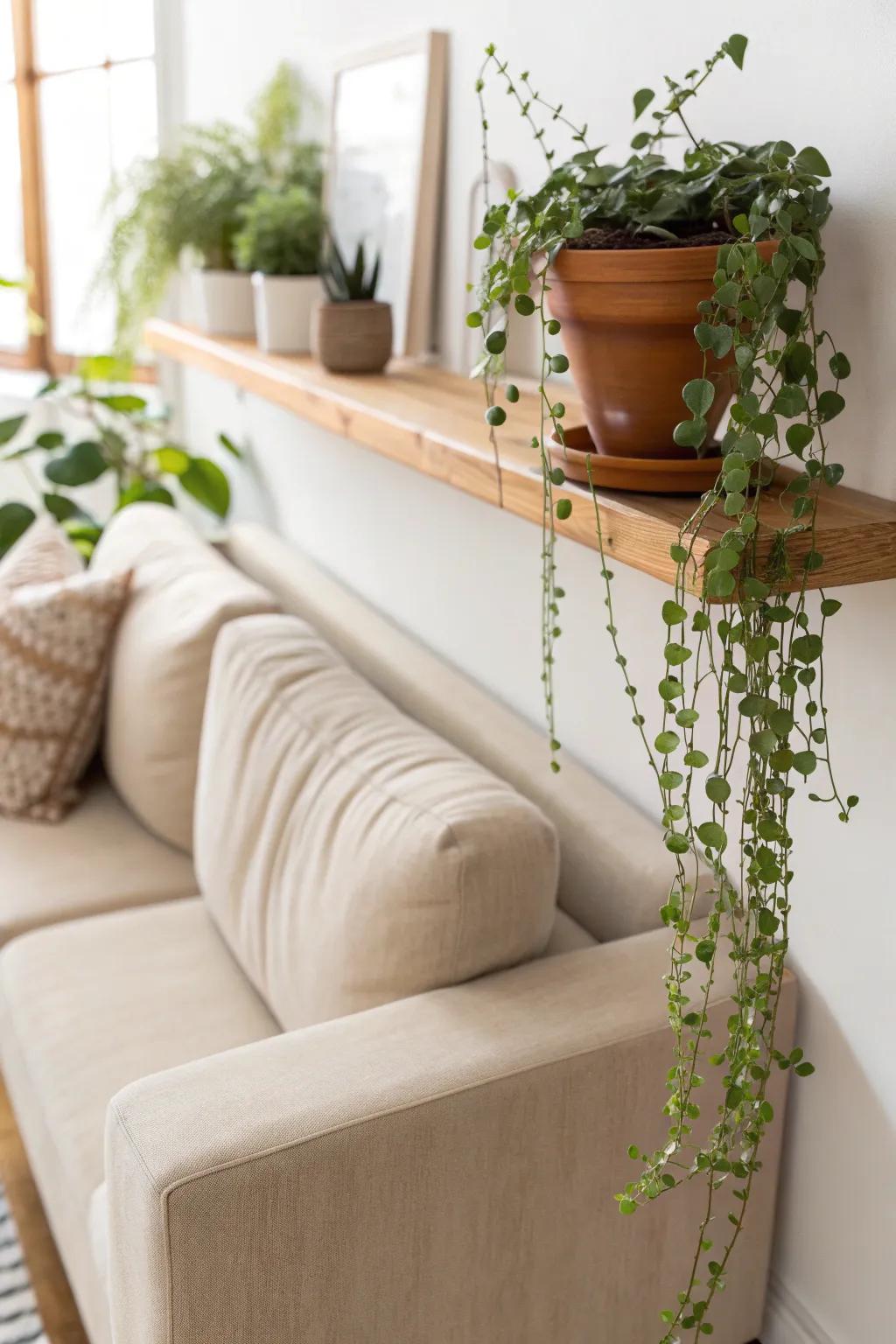 A floating shelf above the sofa adds lush greenery without stealing an inch of floor space.