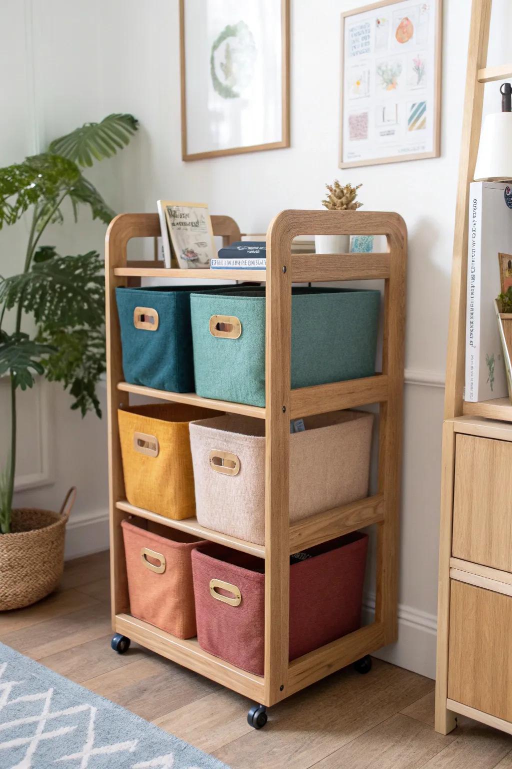 A slim rolling cart makes playroom zones effortless—blocks, art, books & dress-up stored right by play.