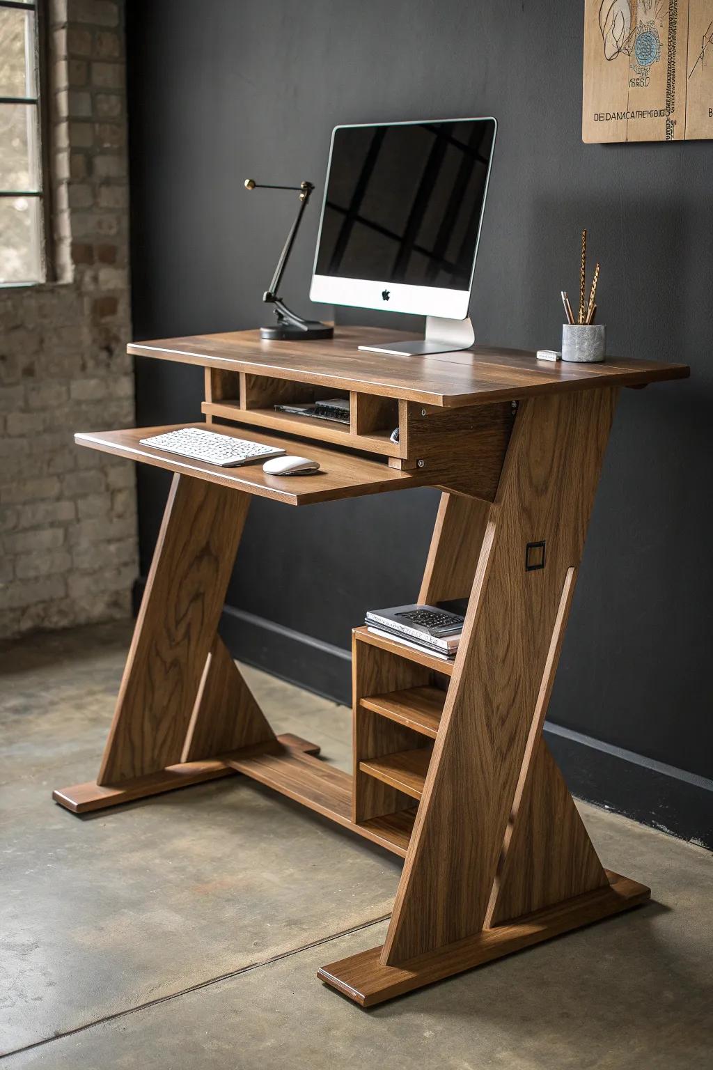 Elevate your workspace with a stylish standing plywood desk—where craftsmanship meets functionality.