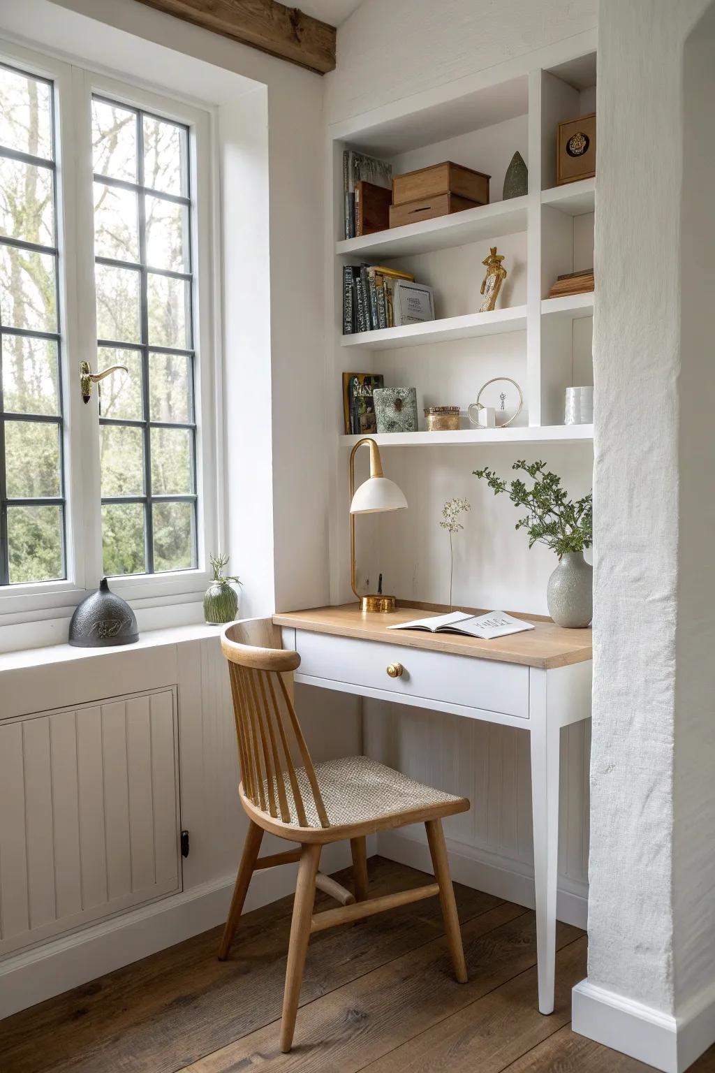 Turn dead space into a chic pocket office: an alcove desk with sleek built-in shelves.
