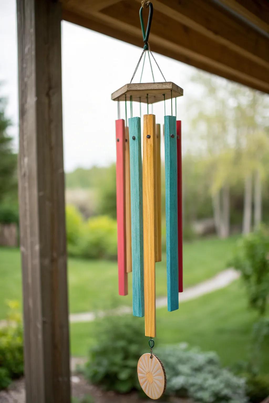 Catch the breeze and the eye with this vibrant popsicle stick wind chime!