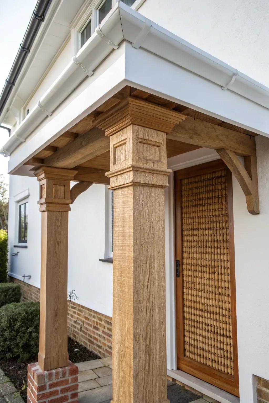 A slim column-supported mini portico that adds “real porch” charm without taking space.