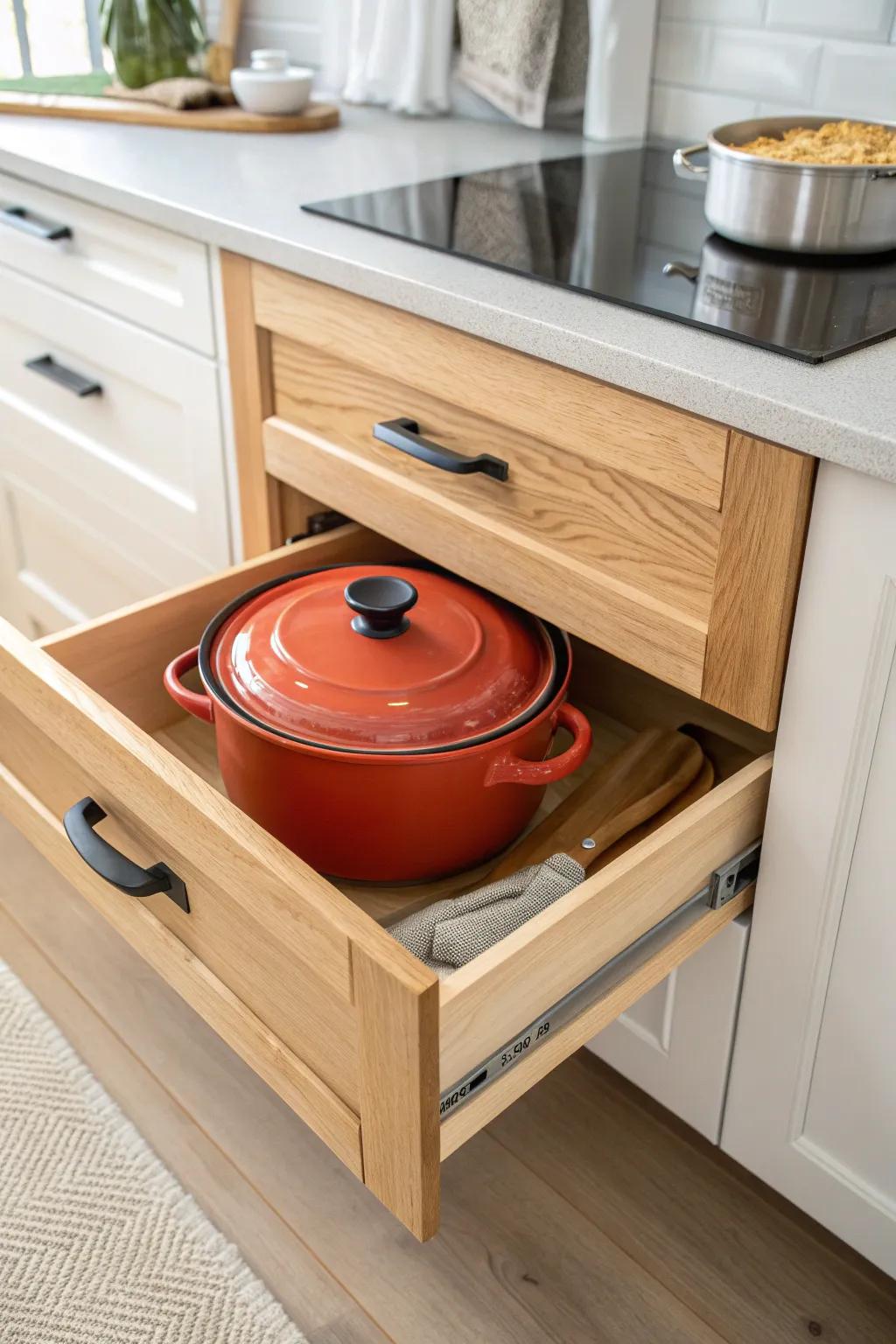 A pull-out shelf makes heavy cookware effortless to reach—no shifting stacks, no crouching.