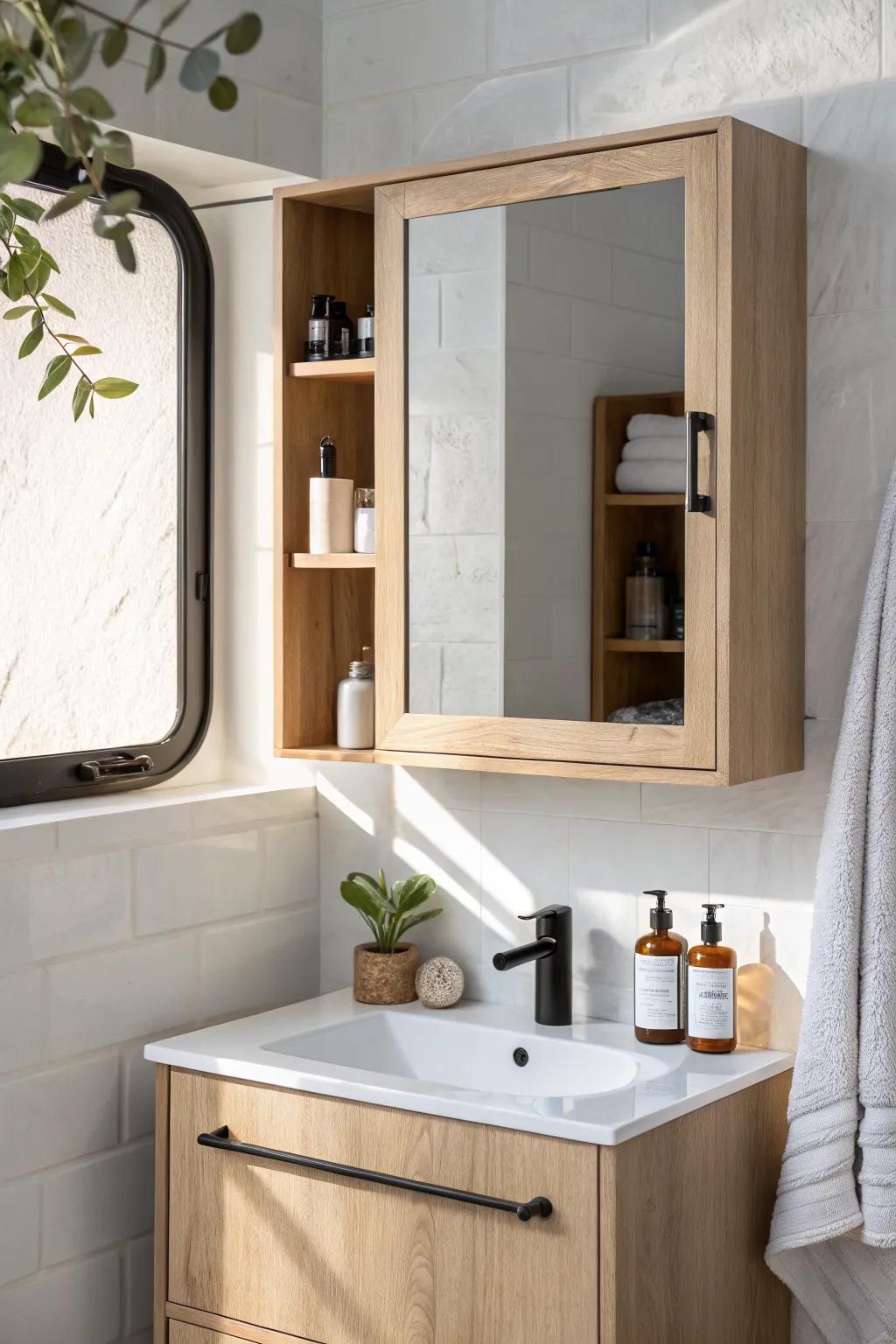 Mirror cabinet magic: hidden essentials keep your tiny powder-room sink spotless and serene.