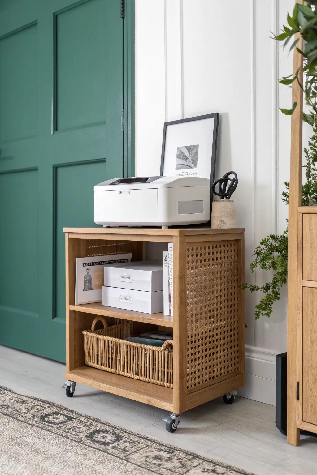 Tuck your printer on a chic rolling cart—workday handy, then glide it into the closet.