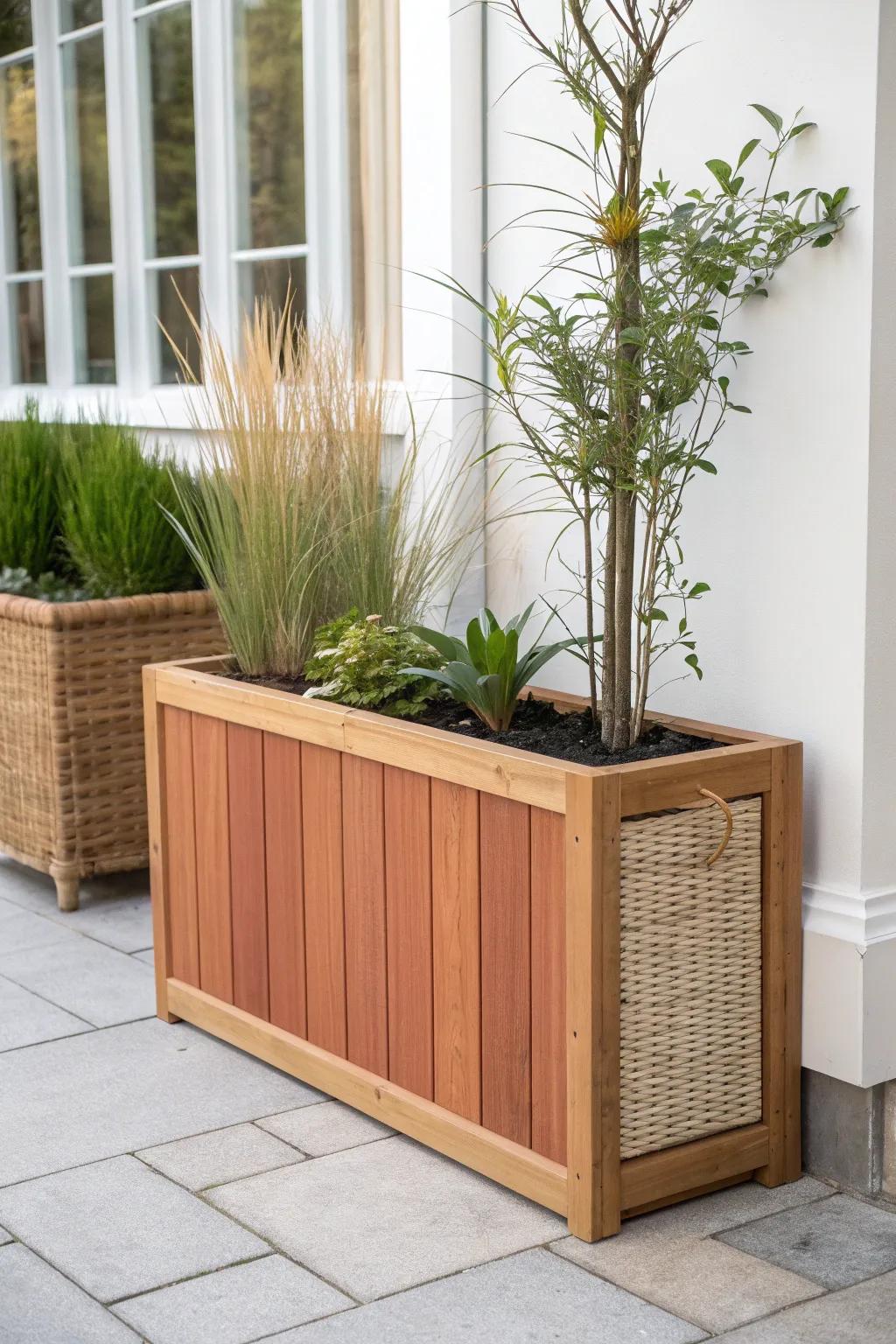 Sleek slat-screen planter box: instant balcony privacy with Scandinavian lines + boho warmth.