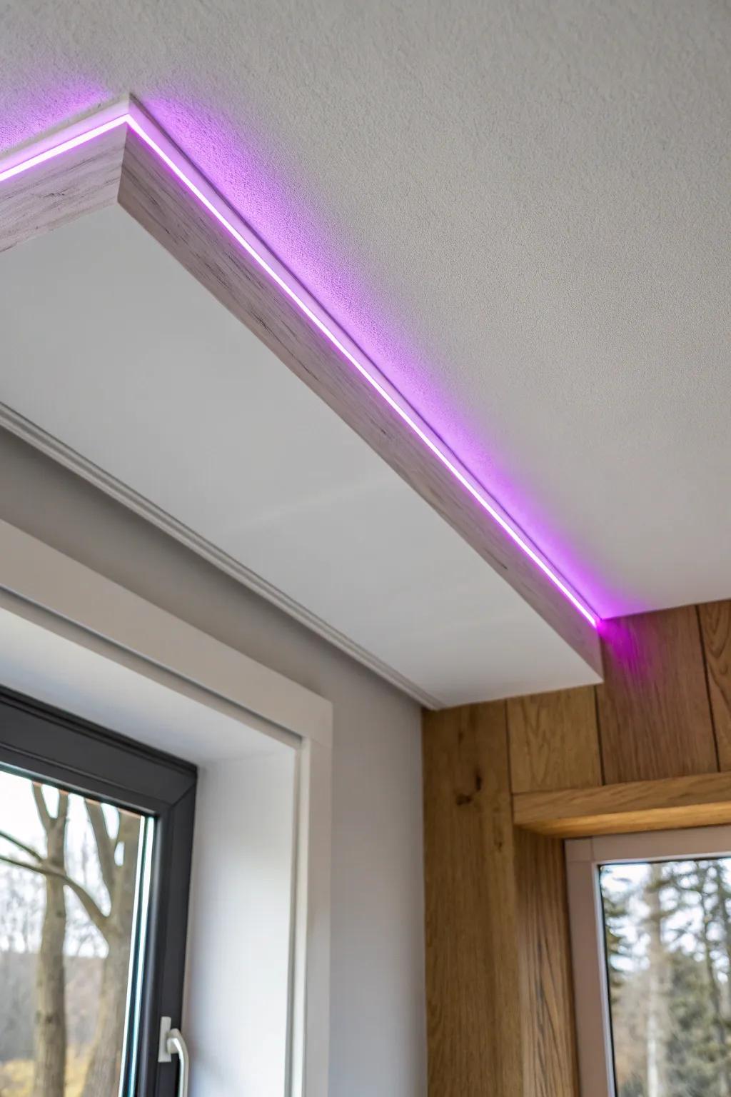 Outline your ceiling with purple LEDs for instant dorm mood—zero floor space required.