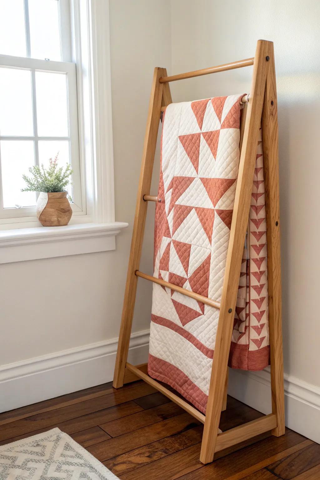 Turn that forgotten corner into a statement with a handcrafted quilt rack and bold color.