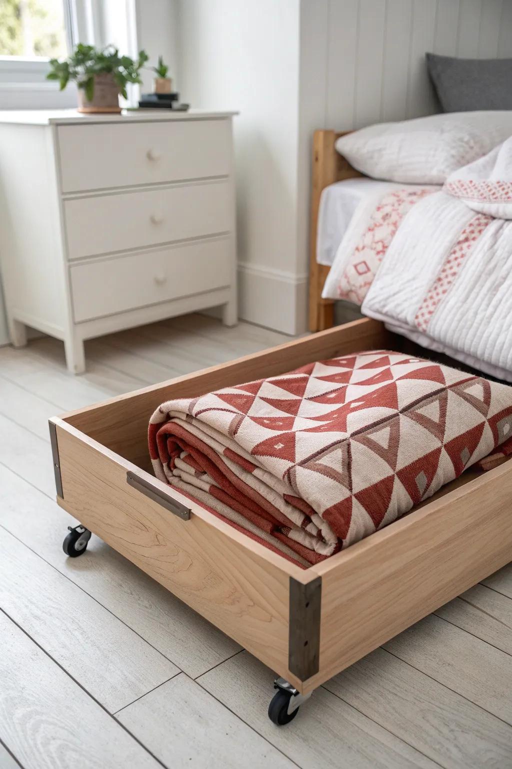 Under-bed rolling bin keeps quilts tucked away—minimal, beautiful, and easy to pull out.