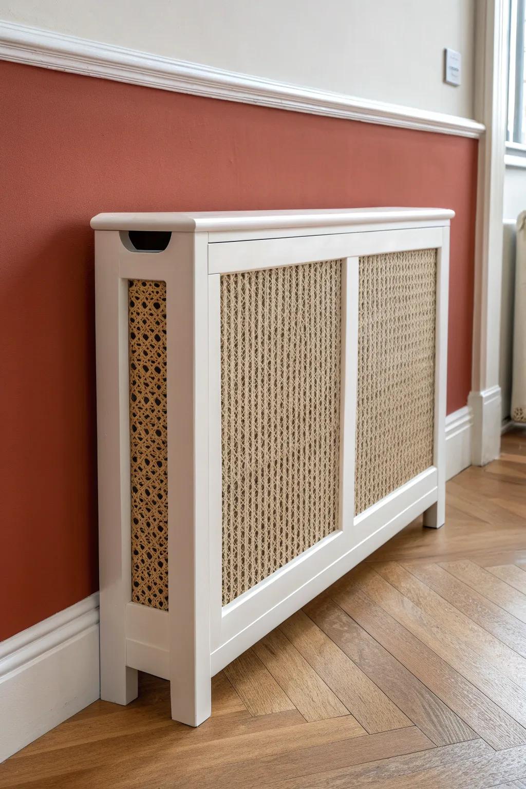 Cane-insert radiator cover: airy texture, clean frame, and a bold wall for contrast.
