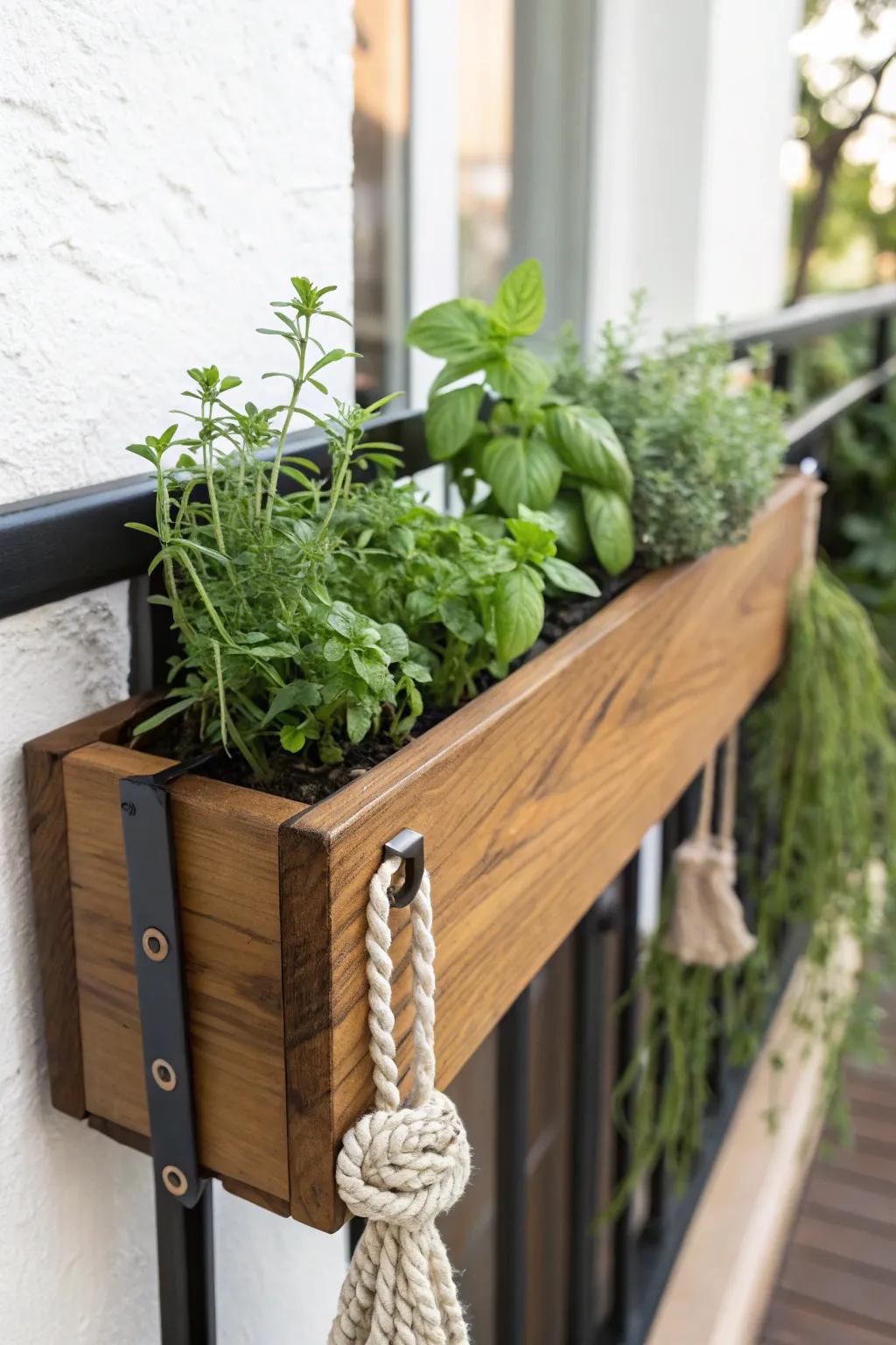 All-herb railing planter row—tidy balcony kitchen garden, easy watering, and prettier dinners.