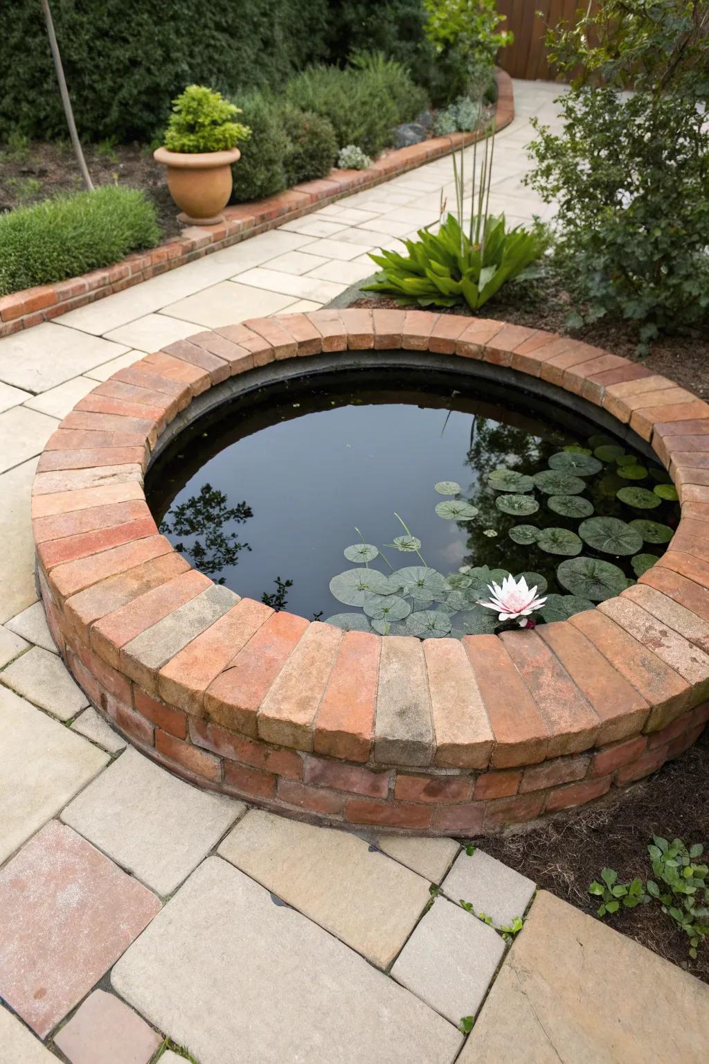 A classic brick raised pond ring—tidy, timeless, and perfect for small garden corners.