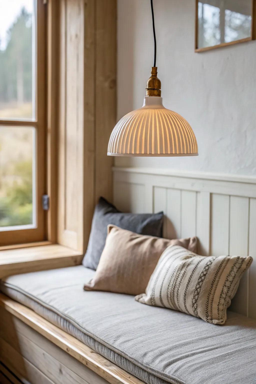 Hang a warm pendant over the seat for a tiny-nook glow that feels intentional and cozy.
