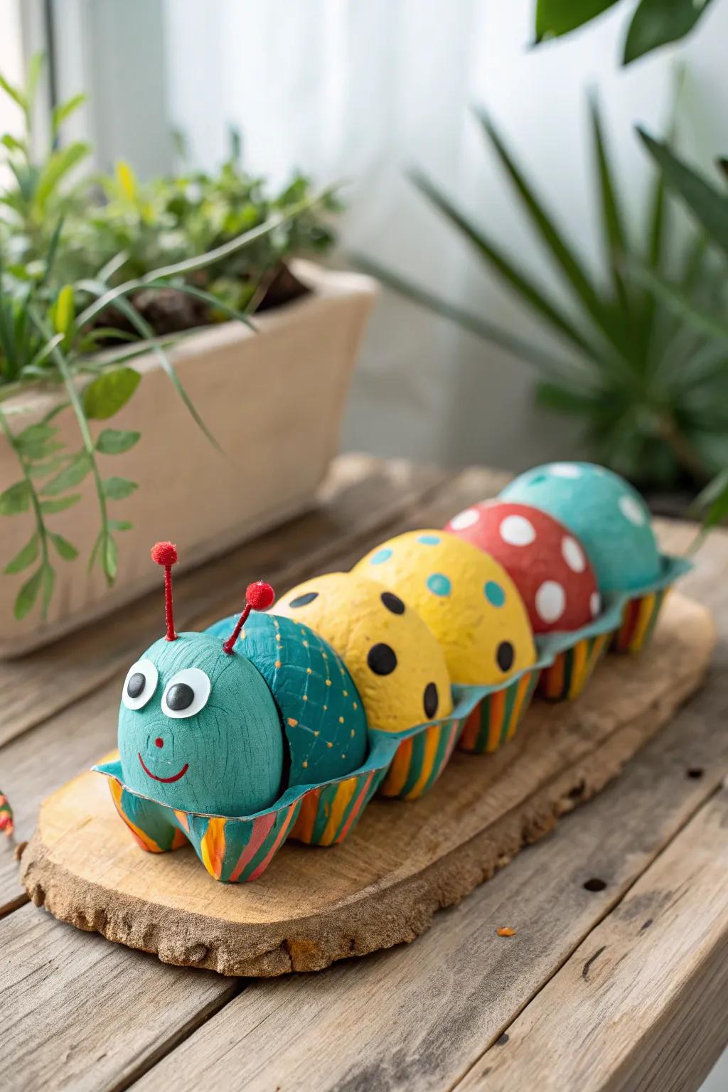 Transform egg cartons into playful caterpillars for a touch of whimsy and sustainability, perfect for your garden or plant shelves!