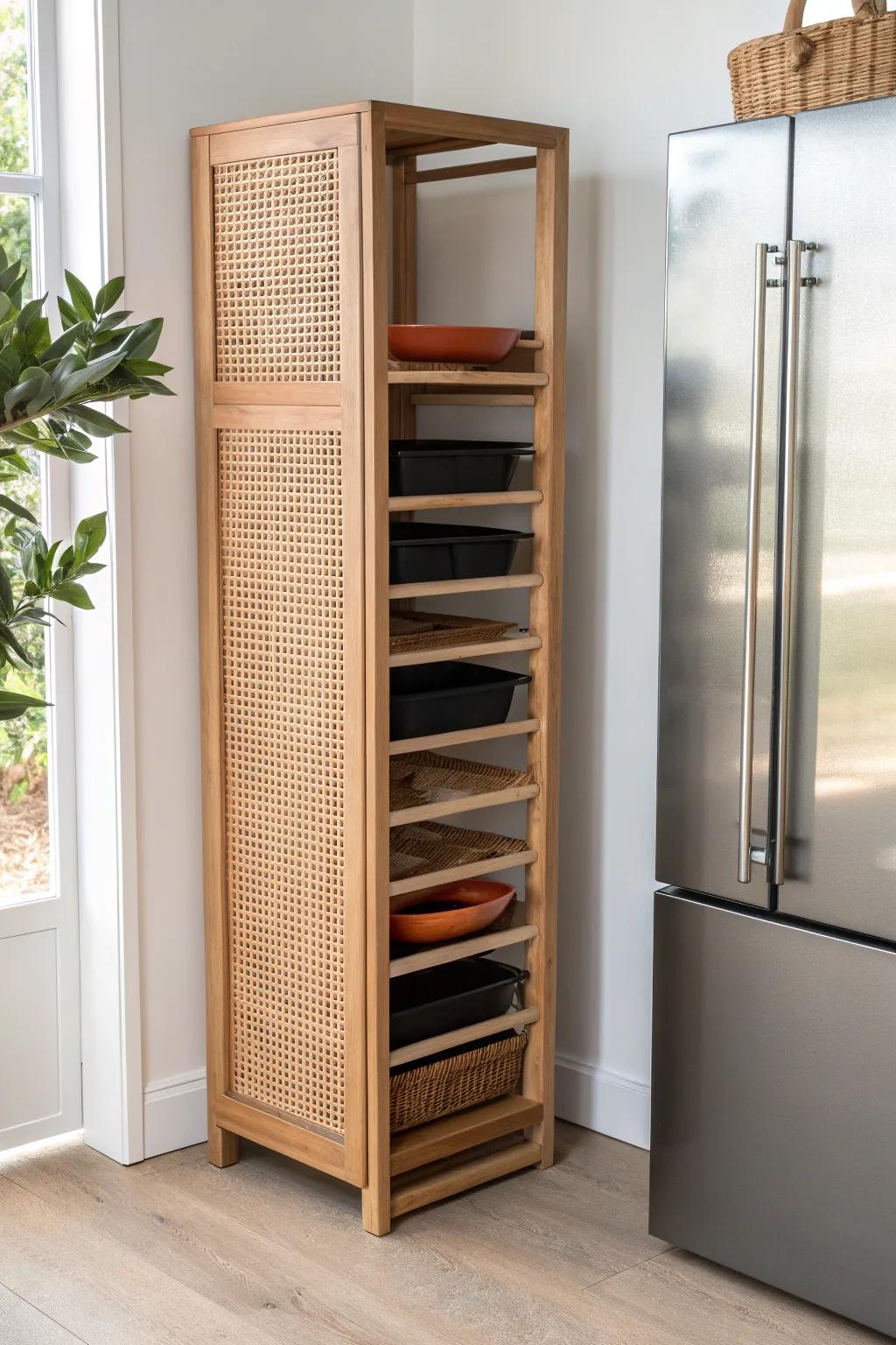 Slim fridge-side organizer keeps baking sheets and trays upright, protected, and easy to grab.