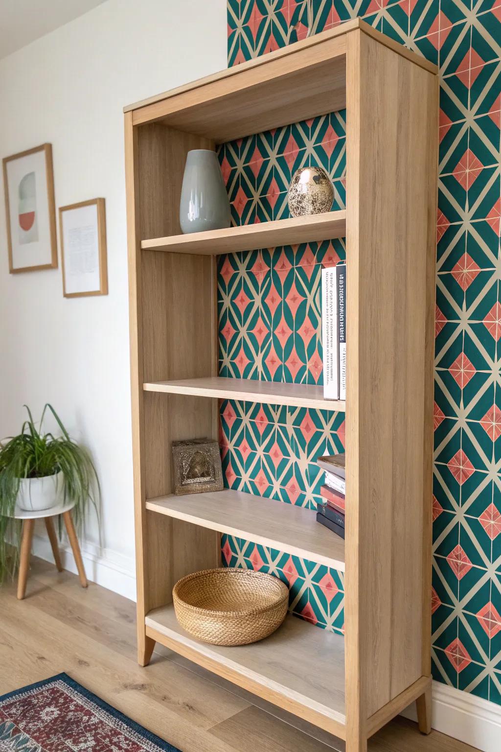 Peel-and-stick wallpaper turns a plain bookshelf into a bold, removable statement—perfect for small spaces.