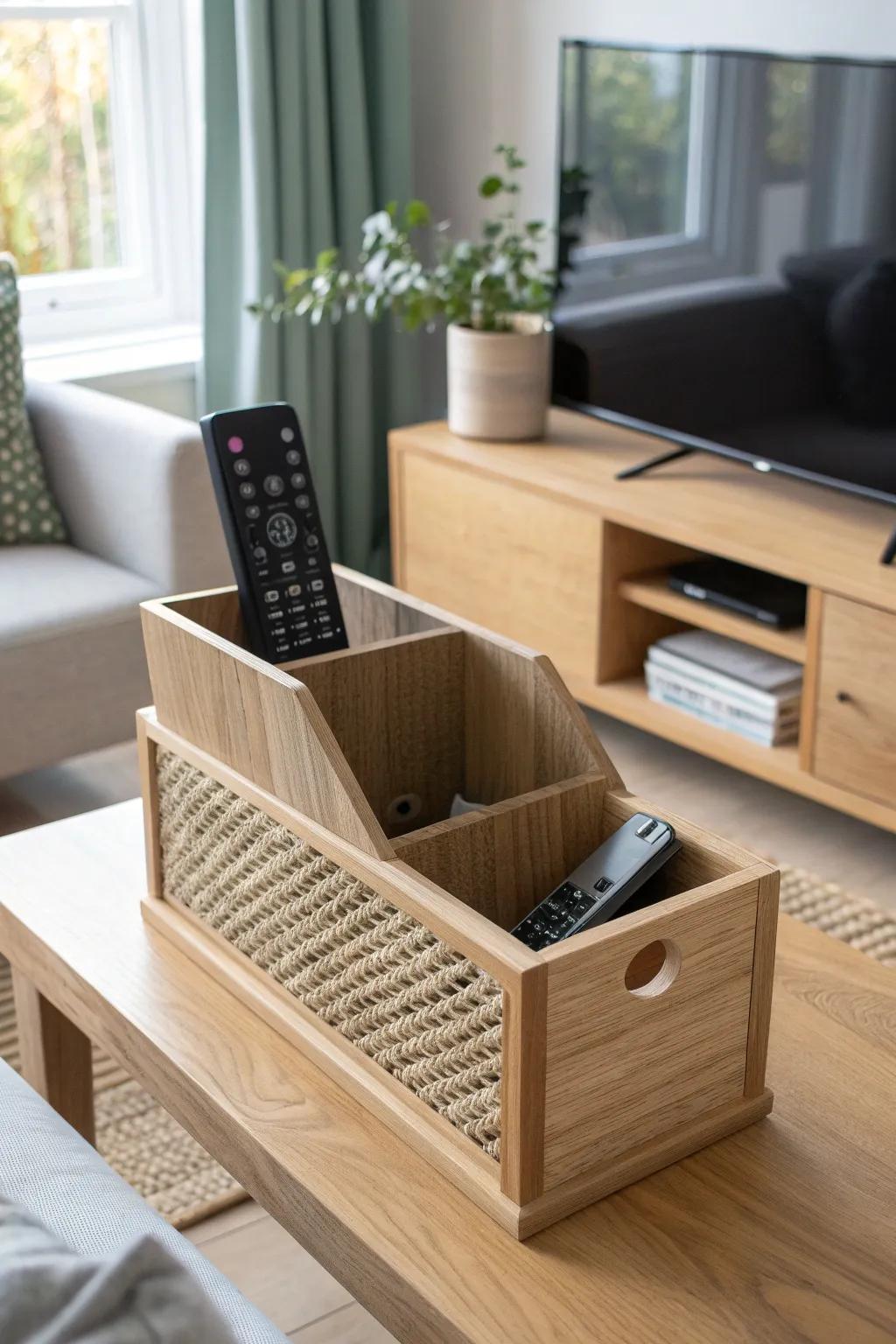 A divided tabletop caddy gives every remote its own slot—no tangles, no messy pile.
