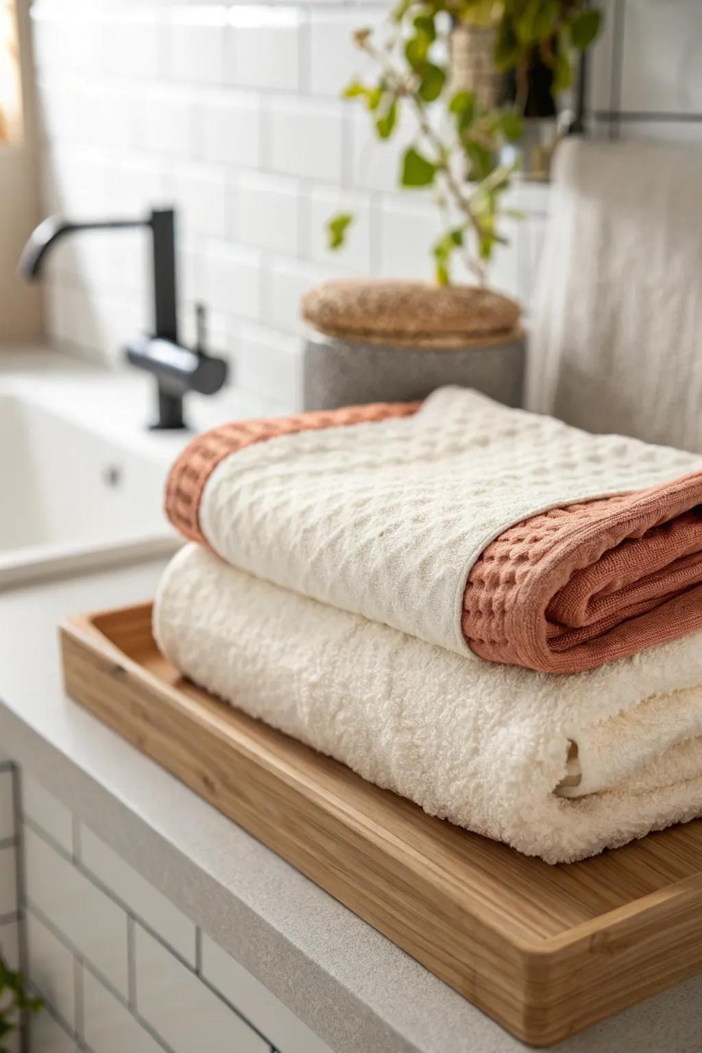 Mix a neutral bath towel with a bold hand towel for instant rental-bathroom polish.