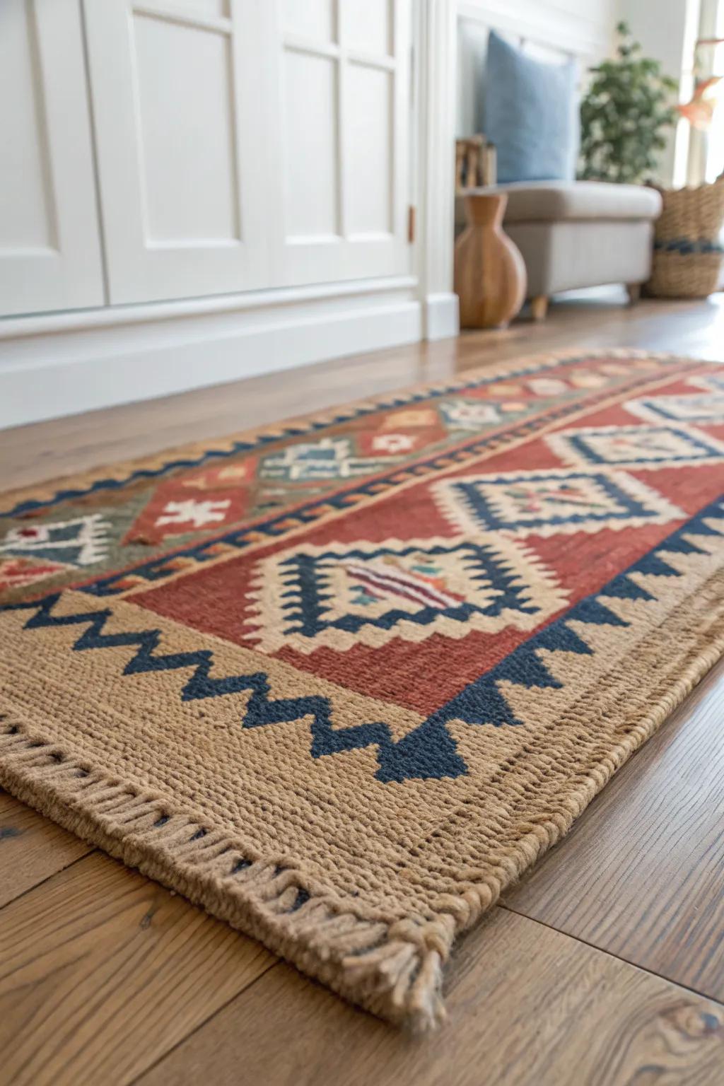 Layer a neutral base rug under a bold patterned runner for instant cozy, renter-friendly warmth.