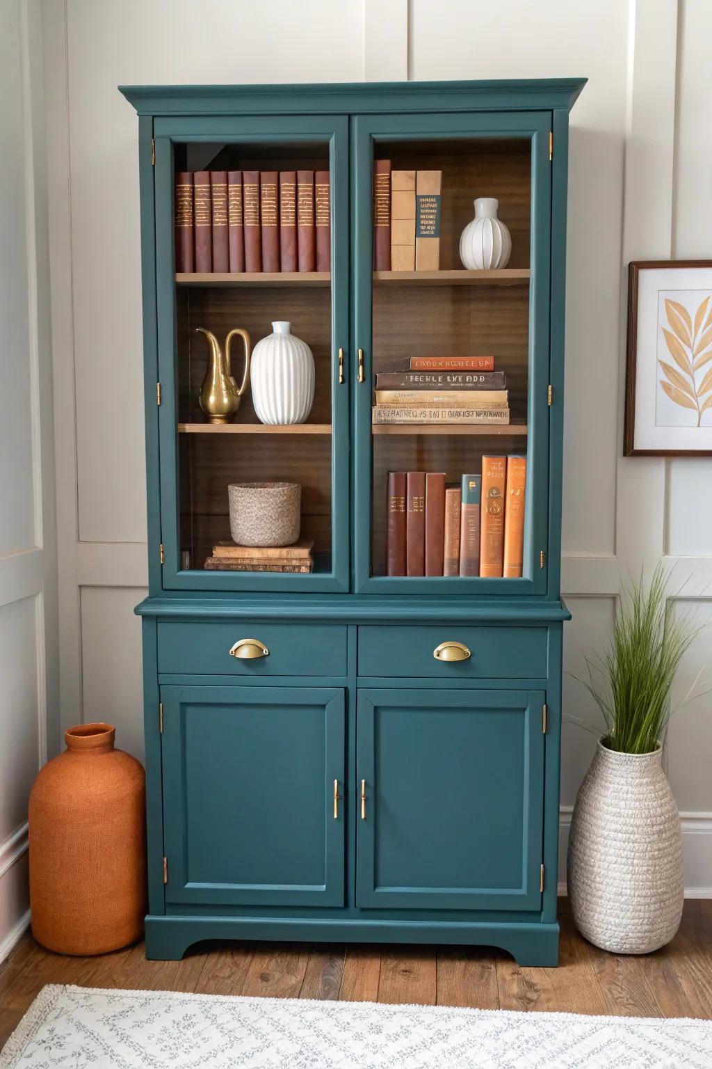 A bold teal china cabinet reborn as a clean, clutter-free bookcase + display.