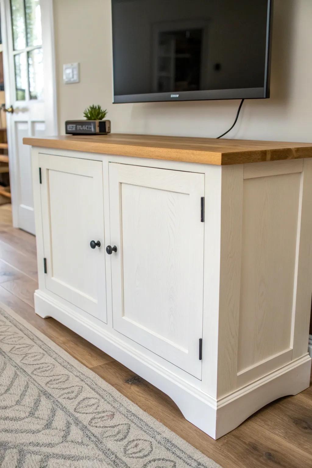 Old kitchen cabinet, new life: a calm, closed-storage media console with hidden cord holes.