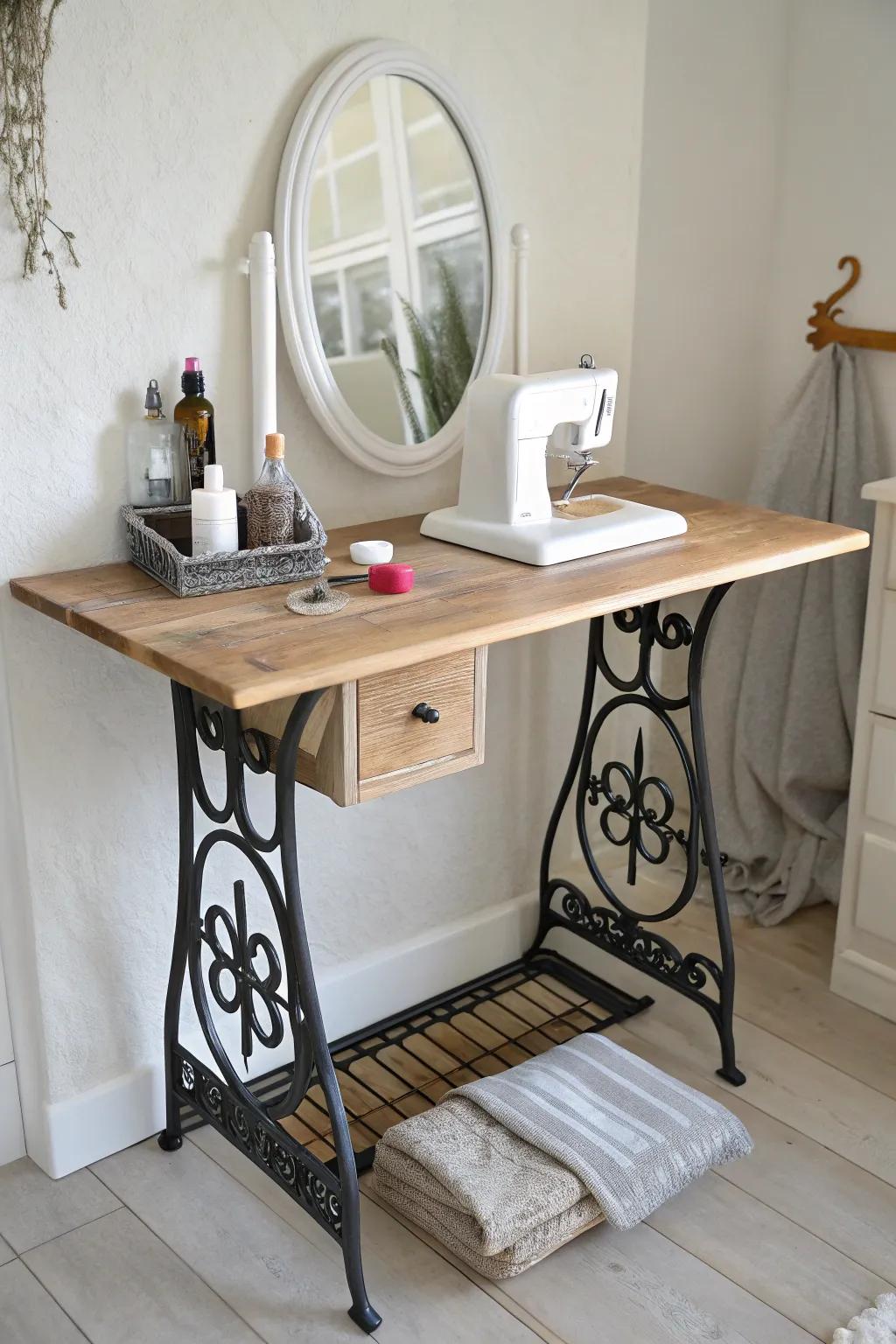 Turn a vintage sewing table into a compact vanity corner—mirror, tray, and bold terracotta pop.