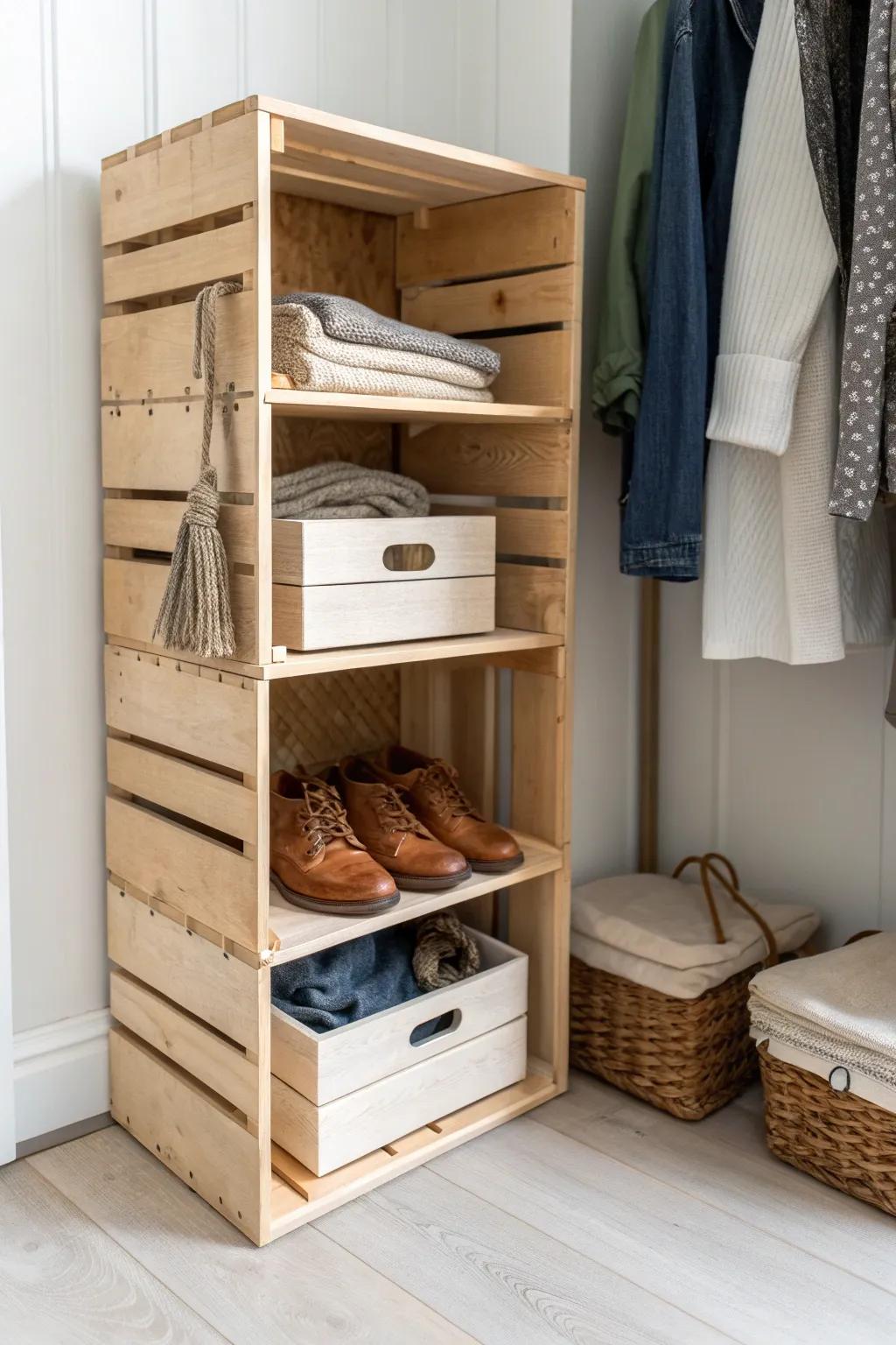 A single wood crate turned into modular shelving—perfect for tight closet corners and easy restacks.