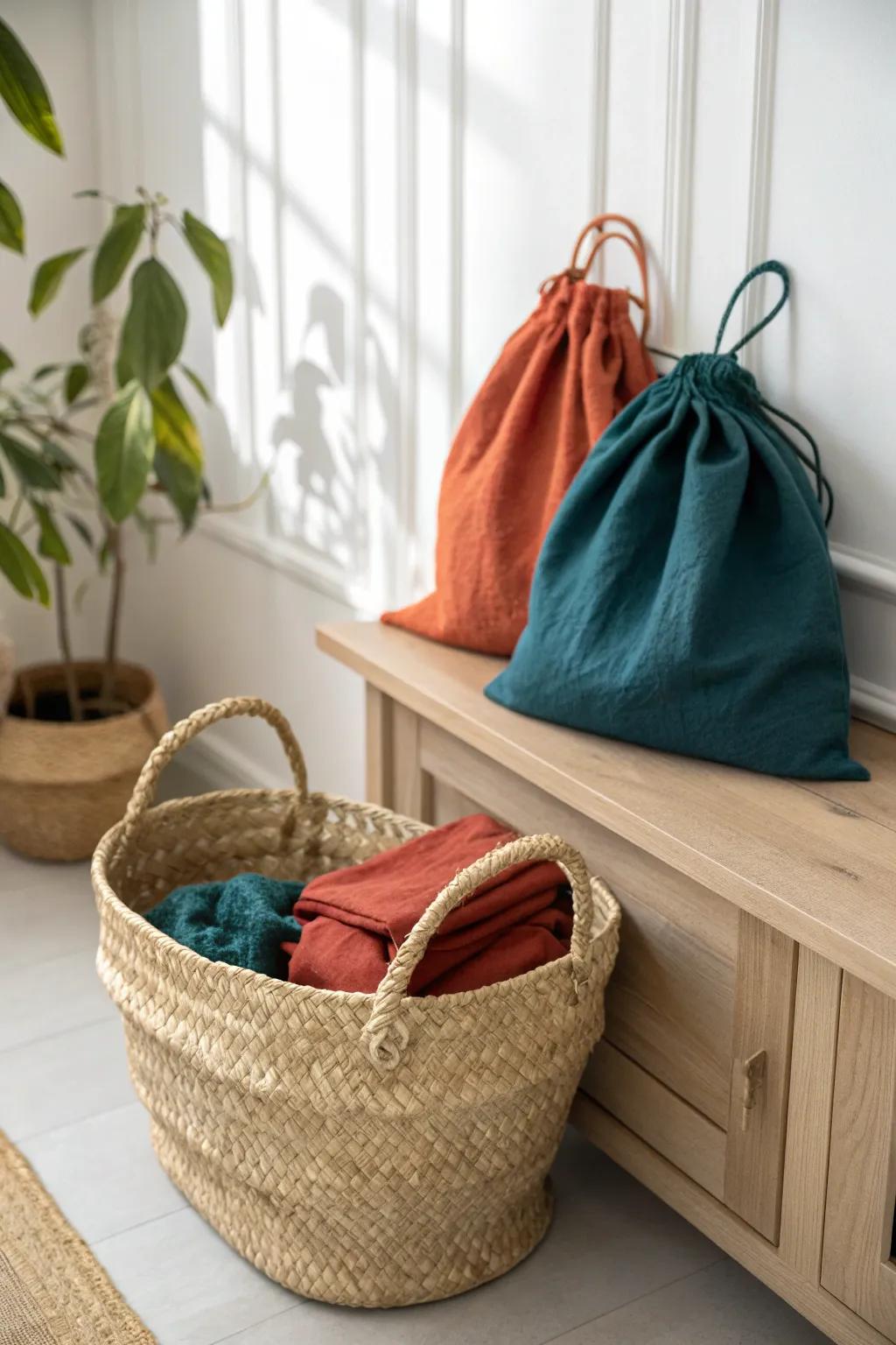 Drop reusable bags into a breathable open basket—pretty, practical, and always within reach.