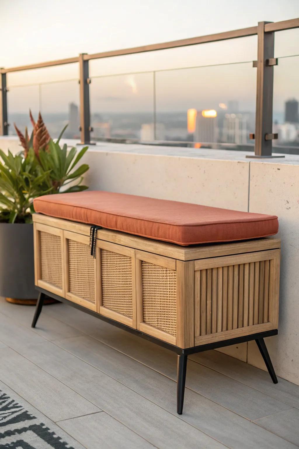 A sleek rooftop storage bench that hides cushions and adds extra seating without clutter.