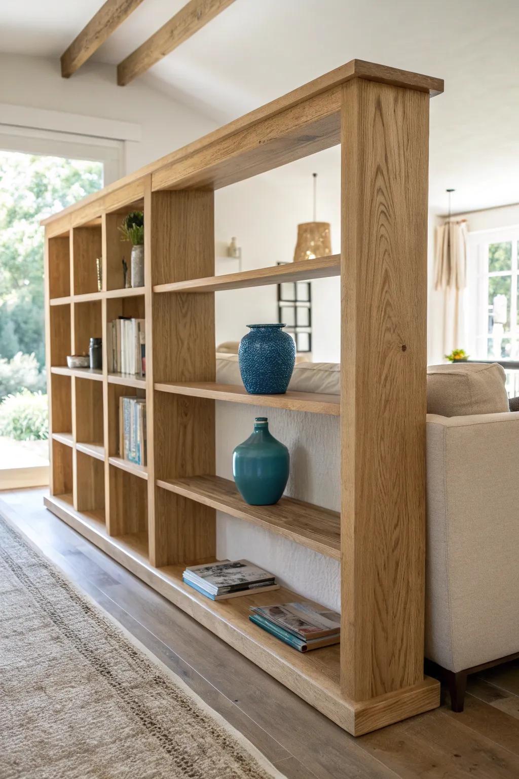 Turn a half wall into a chic shelf with a wide cap for art, plants, and daily essentials.