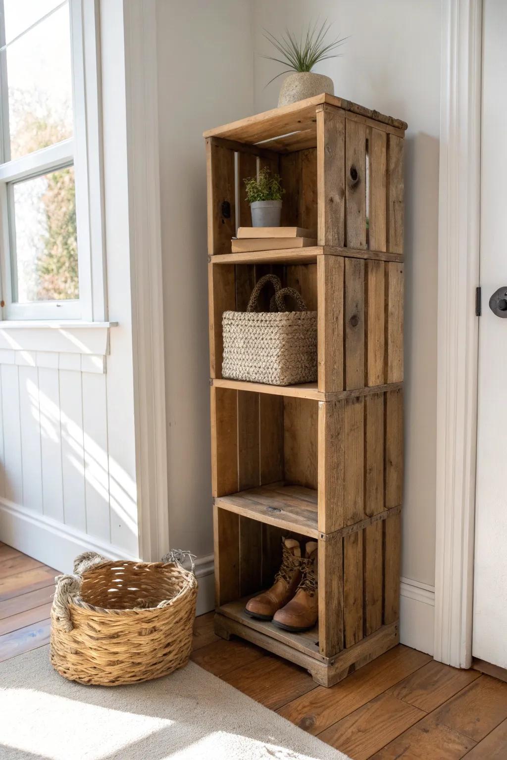 Rustic stacked wooden crates turn a tiny corner into chic, cozy cubby storage.