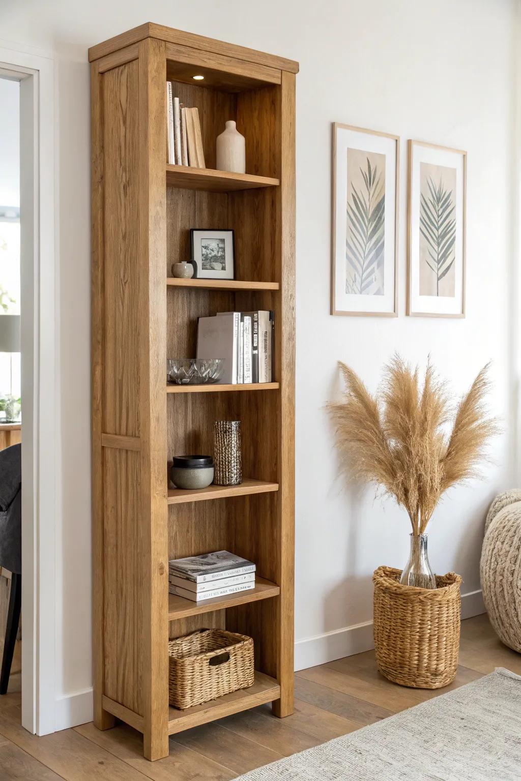 Airy open wood bookcase wall divider—rustic warmth with clean Scandinavian lines.