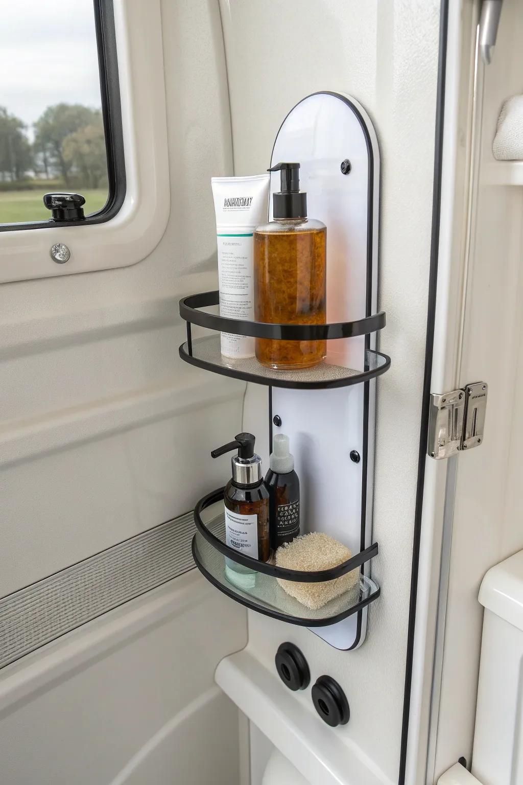 Keep RV shower essentials tidy with a suction corner shelf that stays put between travel days.