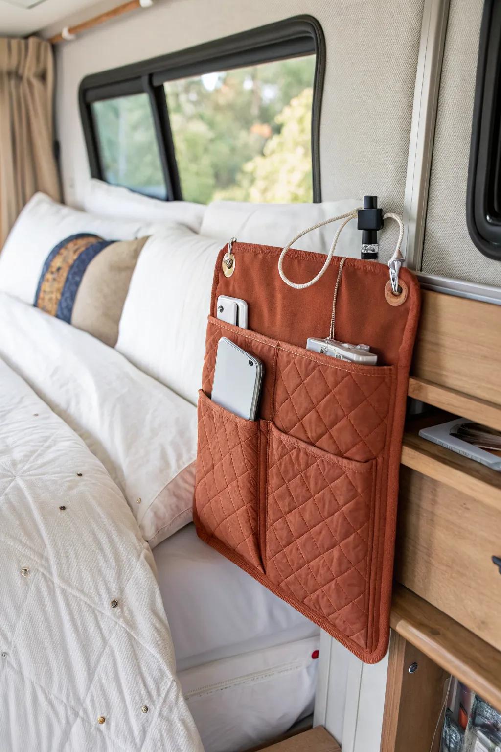 Swap the nightstand for a hanging bedside caddy—RV-friendly storage without clutter.