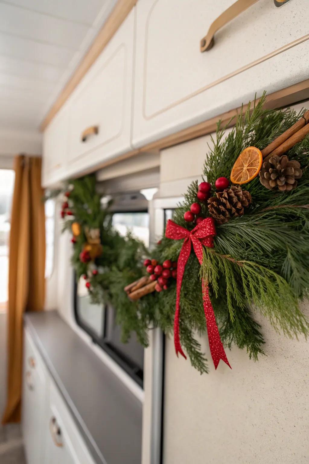 Slim garland tucked along RV upper cabinets—instant cozy Christmas without the clutter.