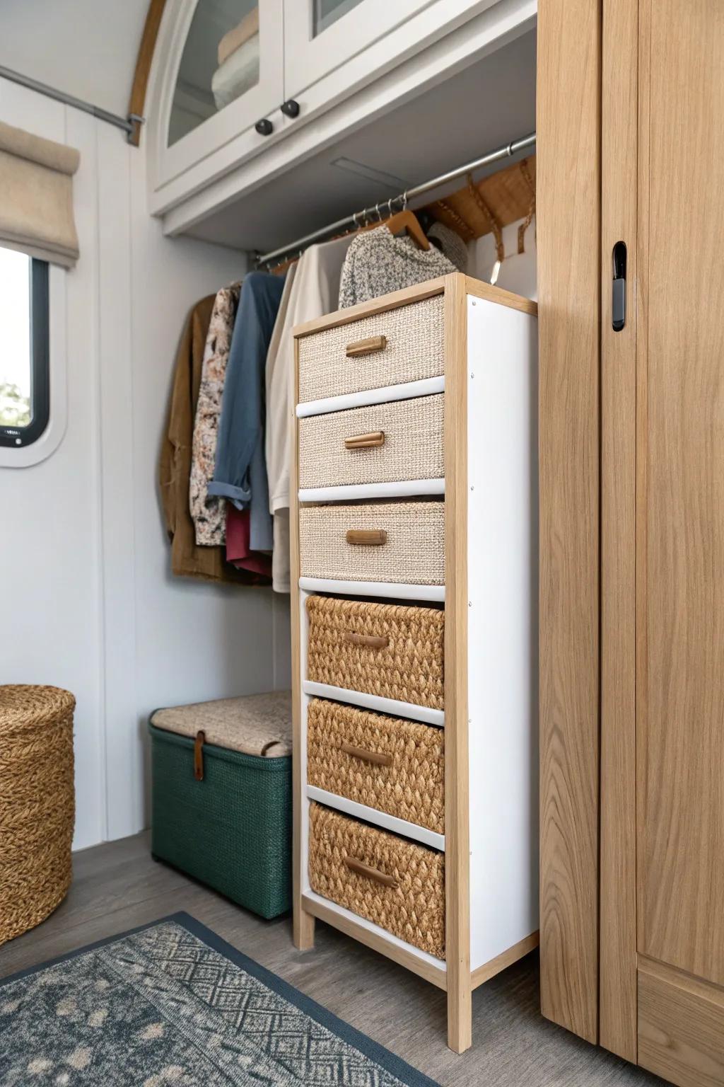 Slim floor drawer unit transforms a tall RV closet into tidy storage for socks, tees, and more.