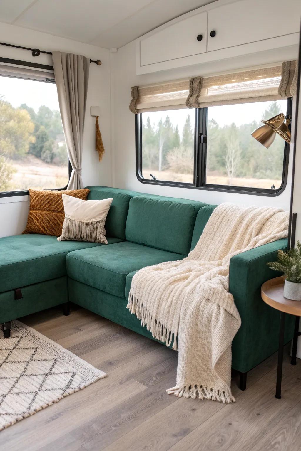 A slide-out sectional with a window-side chaise adds luxe comfort without blocking the walkway.