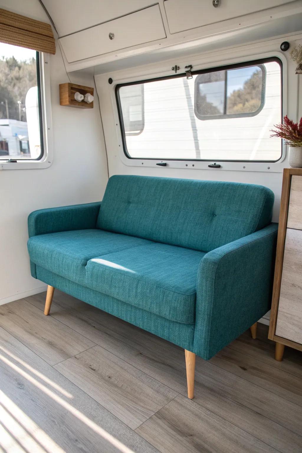 Slim-arm loveseat with tall legs: the airy, space-saving RV couch swap that feels luxe.