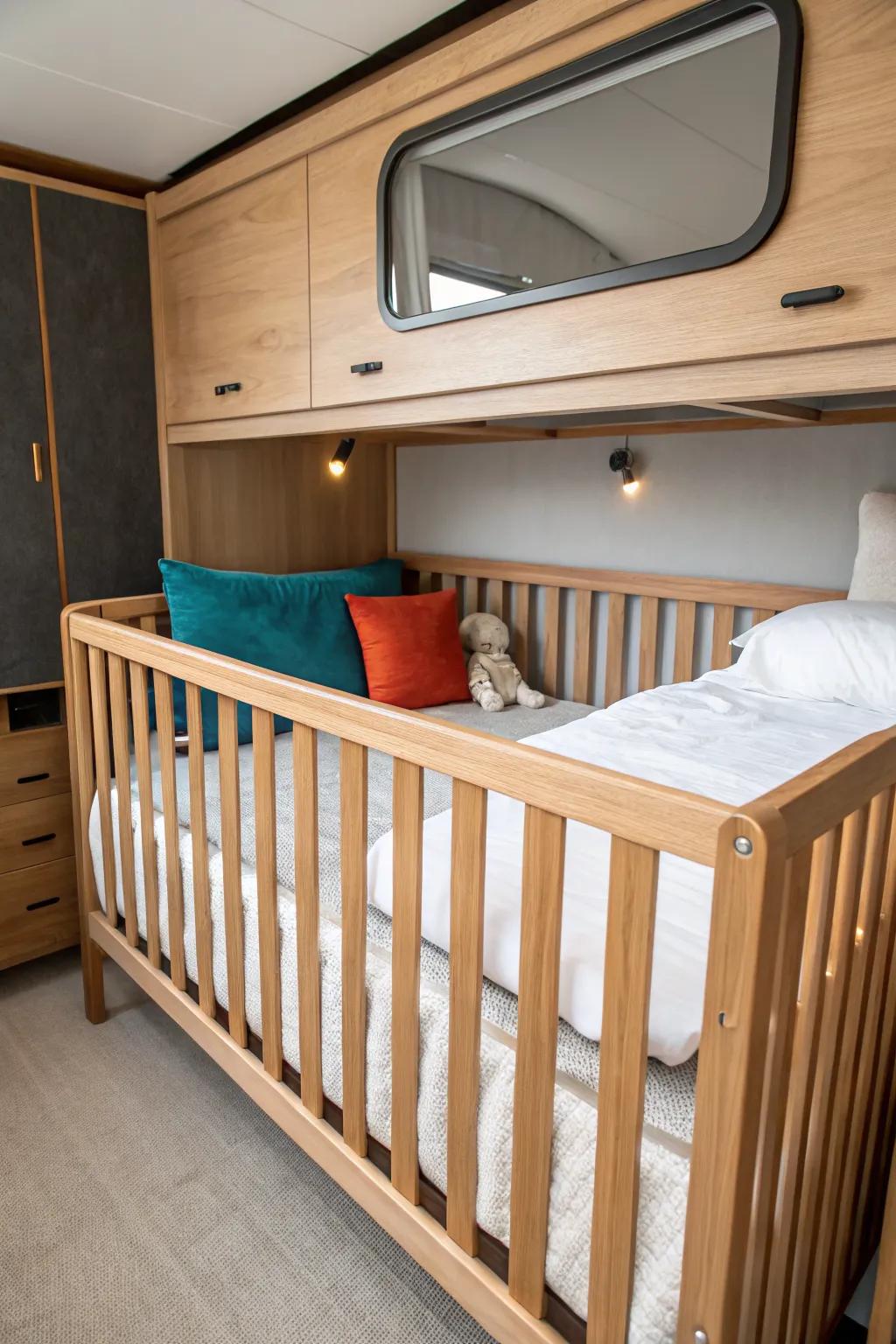 Top bunk RV crib with a full-length rail—safe, airy, and a beautiful space-saving solution.