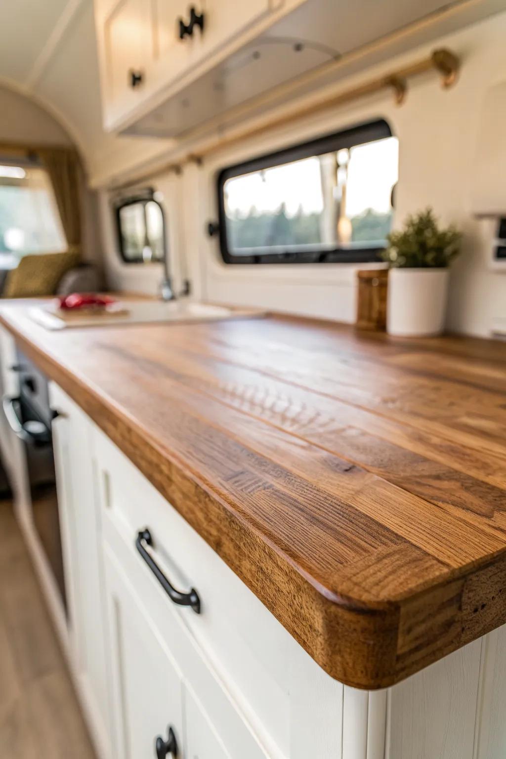 Warm wood-look countertop swap: the easiest way to make a white RV kitchen feel like home.