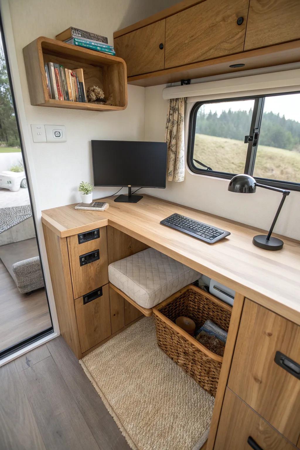 A compact L-shaped RV nook desk with an open corner for a monitor arm—clean, cozy, crafted.